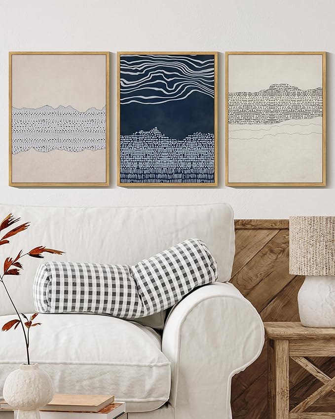 KUVIOKE Navy Blue Abstract Framed Wall Art Modern Neutral Minimalist Wooden Pastel Boho Wall Decor Farmhouse Rustic Art Painting Home Decor 11x14in (Natural Framed)