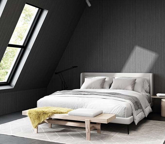 Black Grasscloth Wallpaper Peel and Stick Fabric Linen Textured 24"x394" Classic Faux Grassweave Upgraded Thick Self-Adhesive Neutral Contact Paper Vinyl Film Liner Roll for Home Use