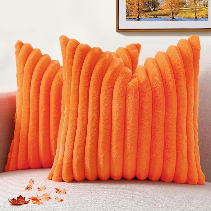 decorUhome Faux Fur Fall Throw Pillow Covers 20x20 Set of 2, Decorative Soft Plush Striped Neutral Couch Euro Pillow Covers with Velvet Back for Sofa, Bed, Living Room Home Decor, Orange