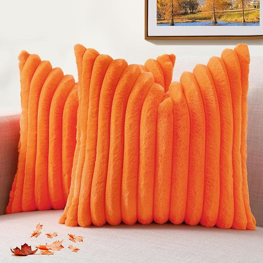 decorUhome Faux Fur Fall Throw Pillow Covers 24x24 Set of 2, Decorative Soft Plush Striped Neutral Couch Euro Pillow Covers with Velvet Back for Sofa, Bed, Living Room Home Decor, Orange