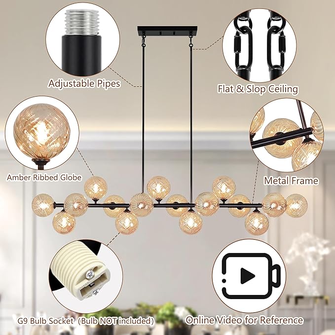Large Dining Room Light Fixture, 55" Modern Linear Sputnik Chandeliers with Amber Sirled Glass Globe Bubble Farmhouse Chandeliers for Dining Room 16 Lights Island Light for Kitchen