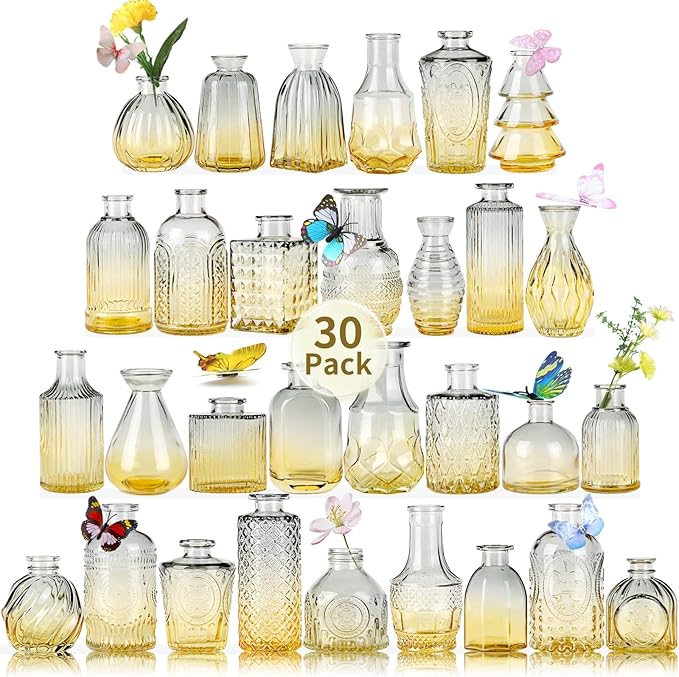 Glass Bud Vases in Bulk Set of 30 Pcs,Small Glass Vases for Flowers as Wedding Centerpieces for Tables,Clear Flower Vases Suitble for Wedding Decorations,Home Decor (Blue Yellow, 30 pcs)