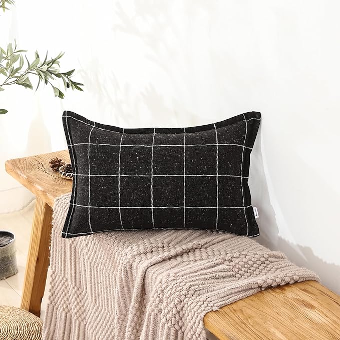 Plaid Pillow Black and White Plaid Boho Farmhouse Linen Throw Pillow Covers Set of 2, 16x16 Inches, Black