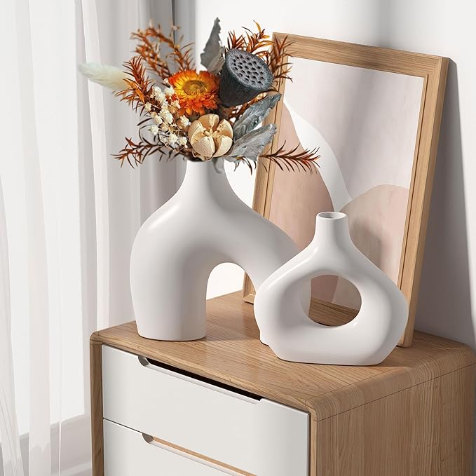 White Ceramic Vase Set of 2, Pampas Grass Vases for Home Decor, Hollow Round Boho Vases for Flowers, Nordic Minimalism Style vase for Living Room Bedroom Shelf Decor