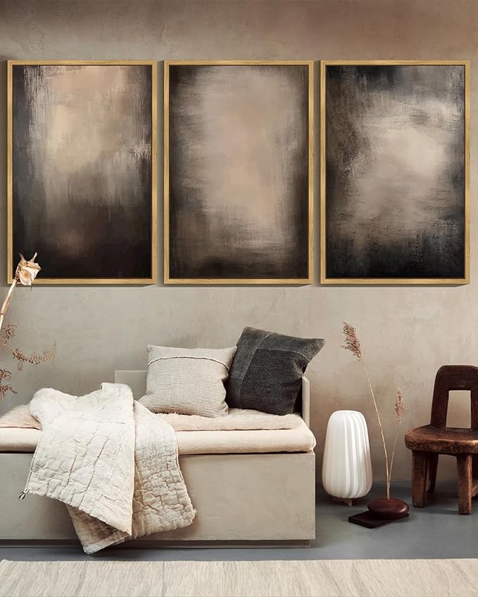 KUVIOKE Abstract Framed Wall Art Set Earthy in Deep Brown and Beige Tones Modern Art Decorative Home Decor 24x36in (Natural Framed)