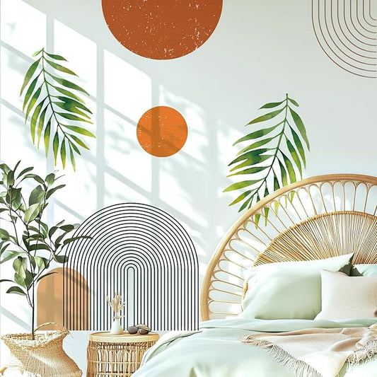 Boho Mid-Century Modern Wall Decals Peel and Stick, Large Archs Sun Vinyl Wall Stickers, Removable Leaves Plants Home Decor Art for Bedroom Living Room Classroom Office