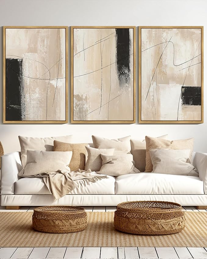 KUVIOKE Abstract Framed Wall Art Minimalist Beige Pastel Watercolor Neutral Wall Decor Modern Black Line Art Painting Home Decor 24x36in (Natural Framed)