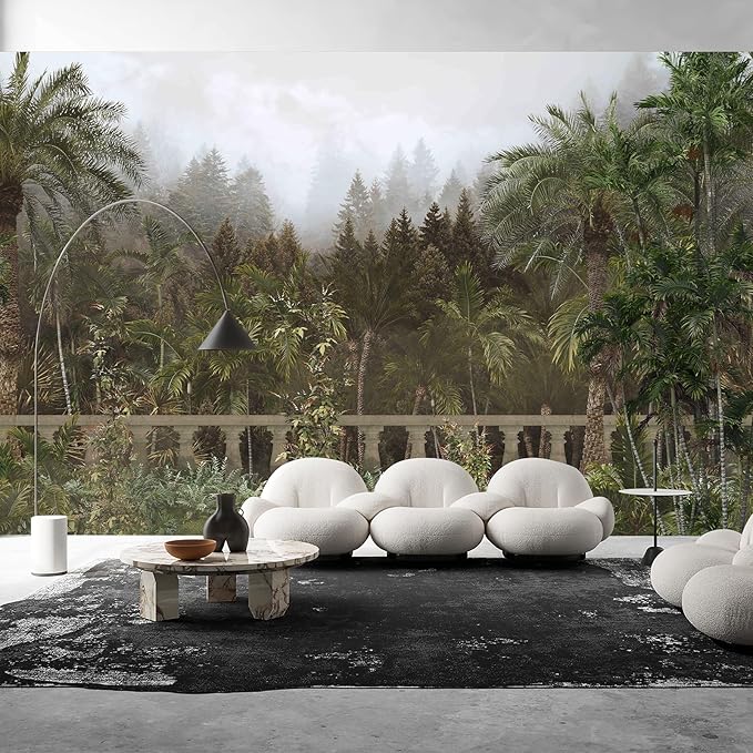 Zeeko Foggy Forest Woodland Wallpaper Mural Peel and Stick 148" W x 98" H Tropical Green Nature Landscapes Wall Murals for Bedroom Living Room