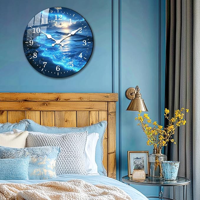 Oversized Blue Tears Wall-Clock 24 inch Coast Beach Silent Clocks Battery Operated Wooden Round Wall Clock for Kitchen, Office, Living Room Wall Decor