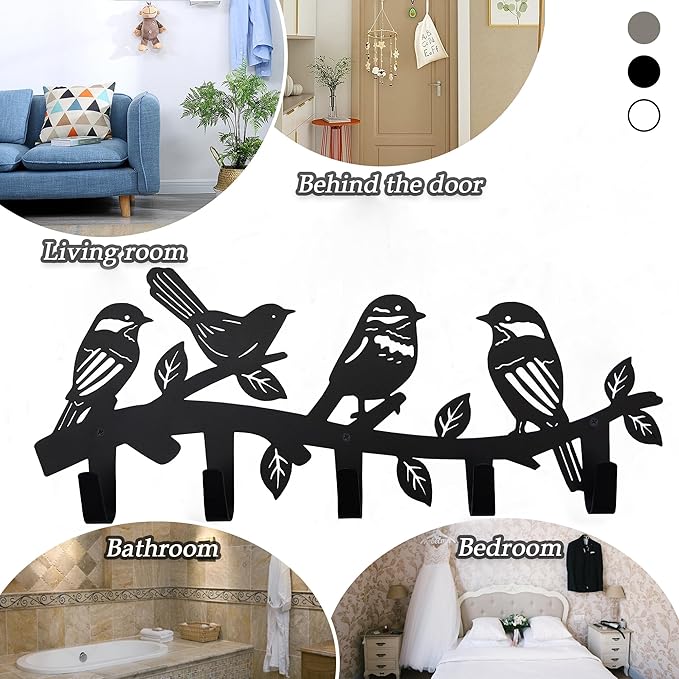 Metal Bird Coat Hooks Wall Art Decor-Bird Hangers and Key Holder-Animal Theme Hooks Sweet Home Decor for Storage, Living Room, Hallway, Office (Black)