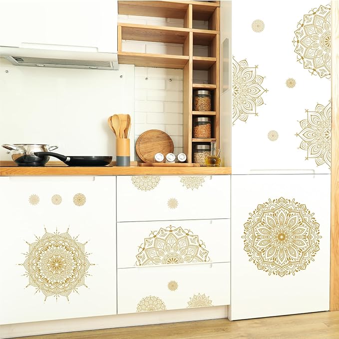 Large Mandala Wall Sticker Peel and Stick Boho Lotus Flower Wall Stickers Decor Mandala Floral Window Decals Clings Headboard Gold Mandala Wall Art Decal for Bedroom Living Room Yoga Decoration