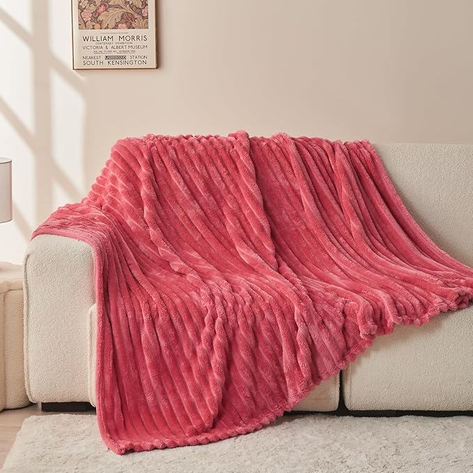 NEWCOSPLAY Super Soft Throw Blanket Coral Pink Premium Silky Flannel Fleece 3D Ribbed Jacquard Lightweight Bed Blanket All Season Use (Coral Pink Ribbed, Throw(50"x60"))