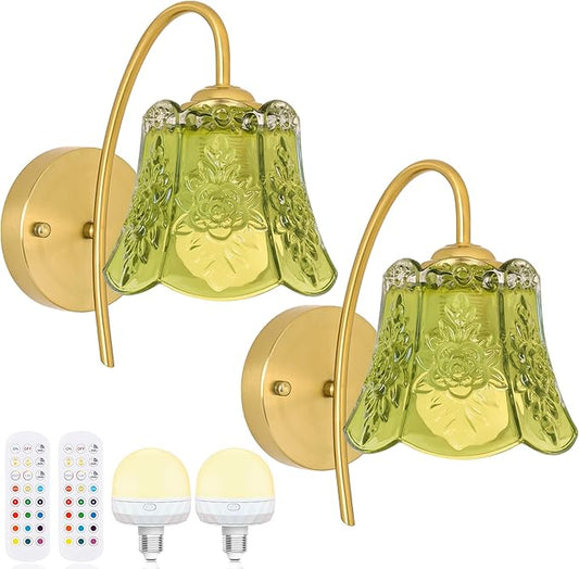Vintage Battery Operated Wall Sconce with Flower lampshade,Rechargeable Battery Powered Wall Lights,Wall lamp with 15 Colors for Bedroom Living Room Home Decor (Green Rose, 2 Light Battery Operated)