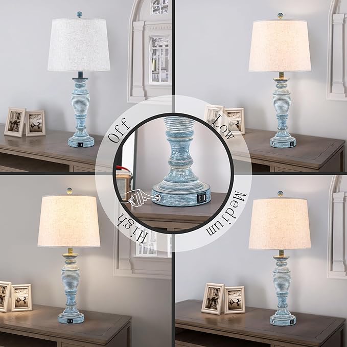Blue Lamps Set of 2, 27.7" Table Lamps for Living Room with USB A+C Ports, Touch Lamp for Bedroom, 2 Bulbs Included