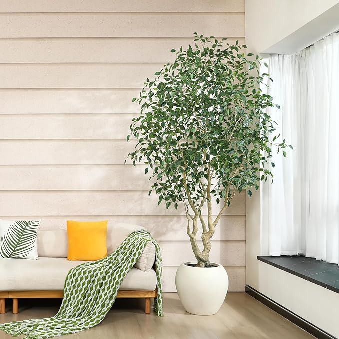 Ficus Tree Artificial Indoor, 8 Feet Tall Faux Ficus Tree with Round Artisan Planter, Premium Handmade, Realistic Trunk & Lifelike Leaves, Perfect for Large Spaces & Elegant Home/Office Decor