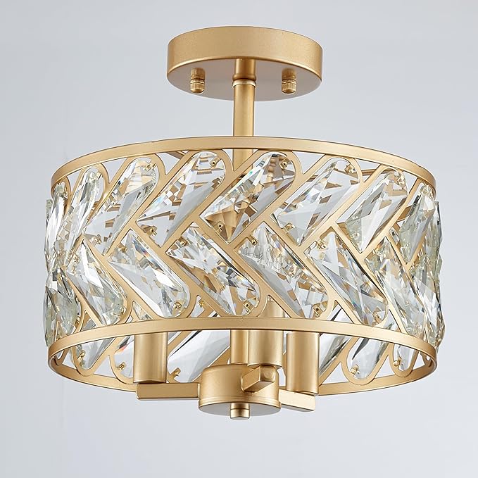 Shrine Lighting Crystal Ceiling Light, Gold Crystal Chandelier for Living Room, D12.4'' x H11.2'', E12*3 Sockets, Ctystal Lampshade & Gold Finish Frame