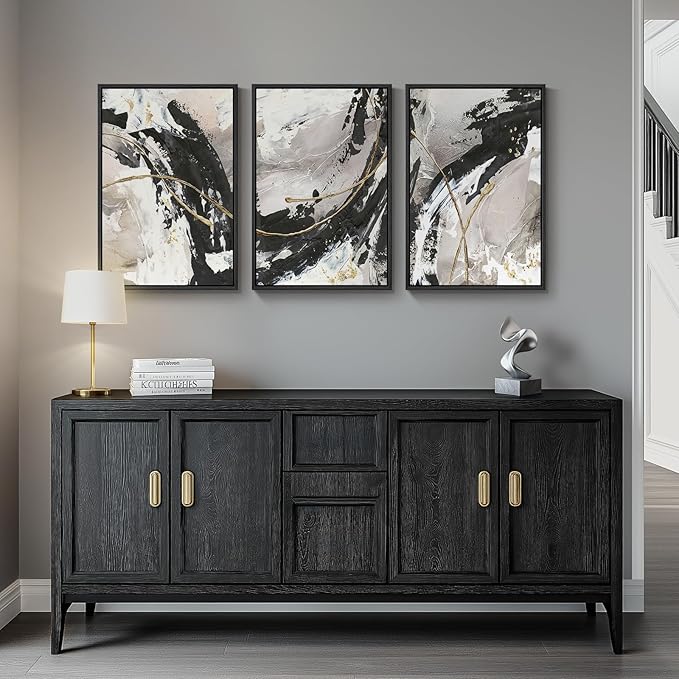 Framed Black and White Abstract Wall Art for Living Room, 3 Piece Modern Canvas Prints Artwork for Walls, Minimalist Gold Lines Painting Wall Decor, Bedroom, Kitchen, Hallway, Office, 16" x 24"