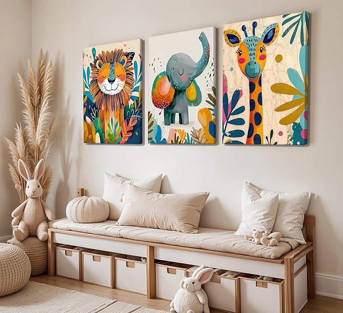 3Pcs Safari Animal Nursery Canvas Wall Art Cute Watercolor Elephant Giraffe Lion Pictures Wall Decor Colorful Jungle Animals Posters Painting Prints for Kids Room Baby Boys and Girls Room, Framed
