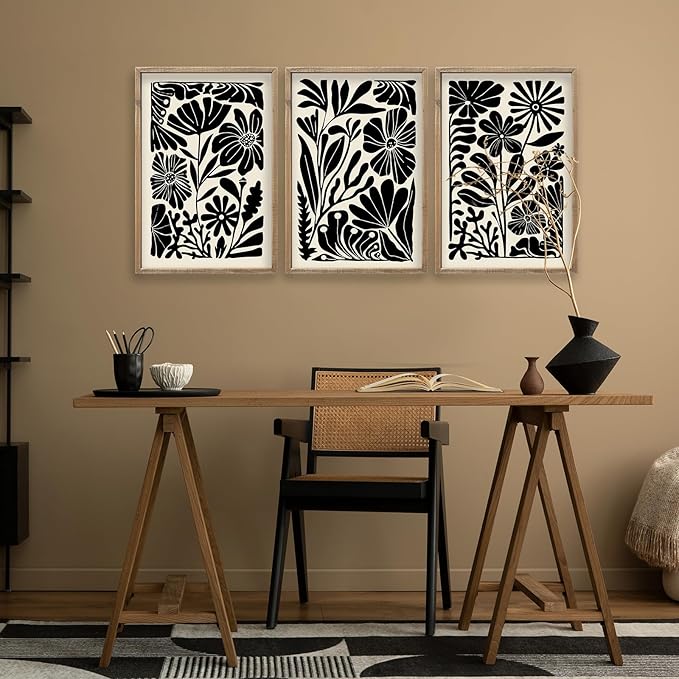 flowtorely Abstract Floral Botanical Wall Art 16x11 Inch 3 Piece Black Vintage Boho Plant Flower Minimalist Wood Frame Sign Home Living Room Family Office Mid Century Print Wall Hanging Decor (Wood)