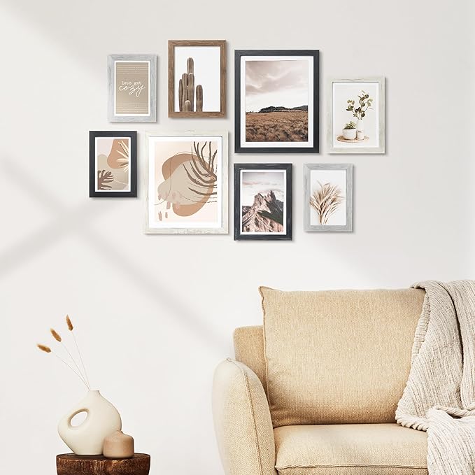 ArtbyHannah Gallery Wall Frame Set,Vintage Multi-color Picture Frames Collage Wall Decor with Neutural Art for Living Room Stariway,8 Pack Assorted Size 8"x10",5"x7",4"x6", Small