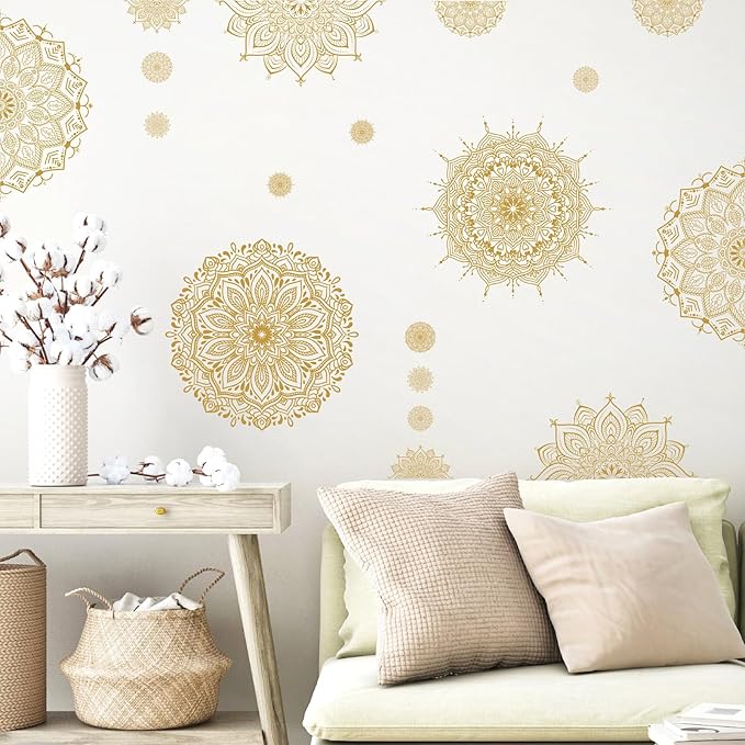 Large Mandala Wall Sticker Peel and Stick Boho Lotus Flower Wall Stickers Decor Mandala Floral Window Decals Clings Headboard Gold Mandala Wall Art Decal for Bedroom Living Room Yoga Decoration