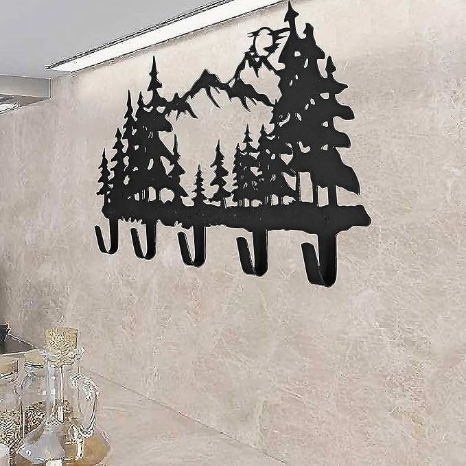 Metal Tree Coat Hooks Wall Art Decor-Tree Hangers and Key Holder-Clothes Rack and Backpack Hanger-Forest Theme Hooks Sweet Home Decor for Storage, Living Room, Hallway, Office (Black)