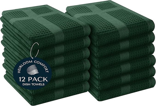 12 Pack Waffle Weave Kitchen Towels, 16x26 Inch, 100% Cotton, Absorbent Dishcloth Set, Quick Dry, Soft for Cleaning, Wiping, Hand Towels, Dish Rags, Wash Cloth, Durable, Forest Green