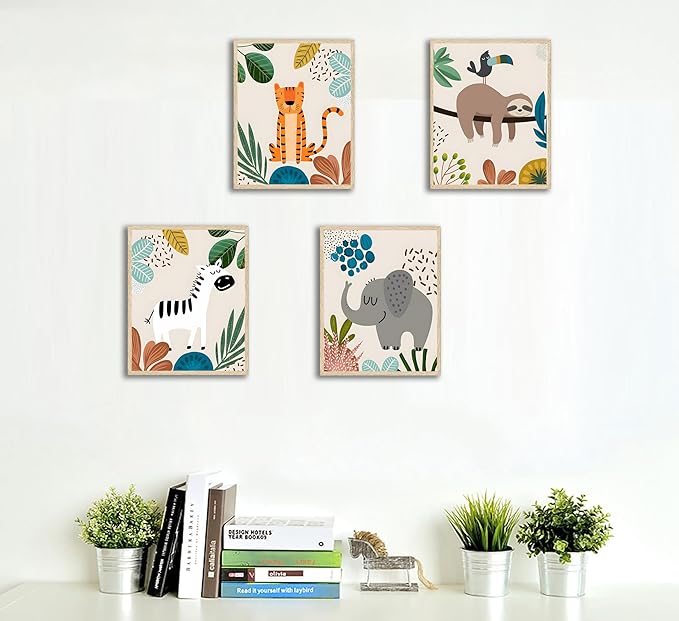 FJKLRP 4pcs Safari Nursery Wall Art Zebra elephant tiger monkey Pictures Poster Cute Animal Canvas Paintings Prints Decor for Kid Room Baby Room Wall Decor Unframed