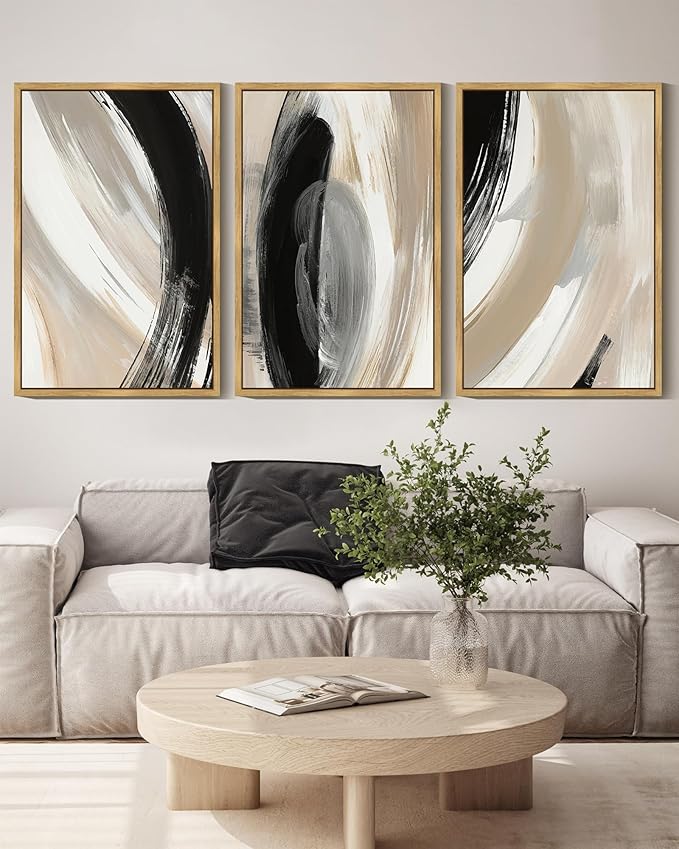 KUVIOKE Modern Abstract Framed Wall Art Black Neutral Minimalist Ink and Wash Graffiti Pastel Wall Decor for Bedroom Living Room 16x24in (Natural Framed)