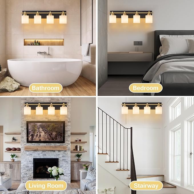 4 Light Modern Bathroom Light Fixtures Over Mirror, Black Gold Vanity Lights for Bathroom Wall Sconces with Milky White Glass Shades, E26 Socket (Bulbs Not Included)