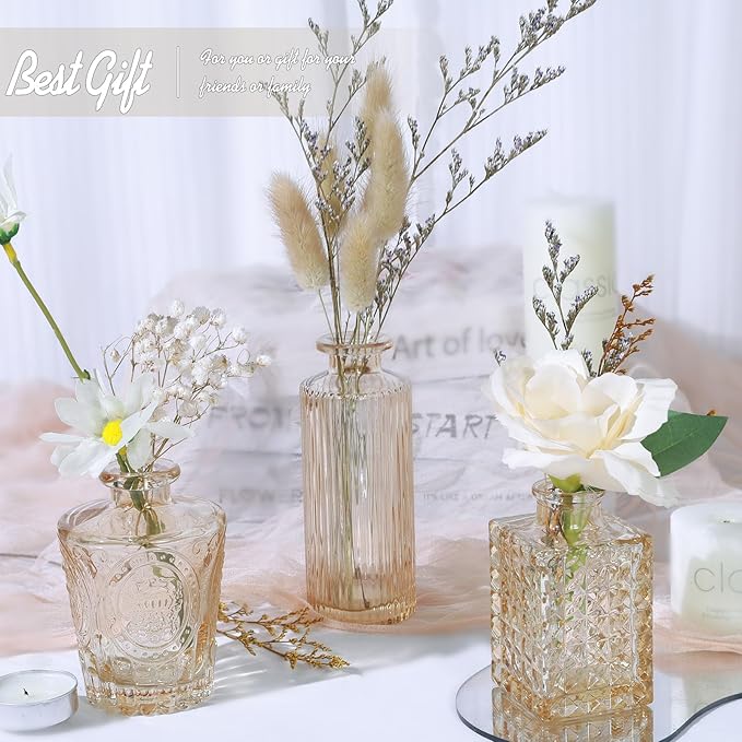Glass Bud Vase Set of 24, Small Amber Flower Vases for Centerpieces in Bulk, Mini Vintage Vase for Wedding Decor, and Home Table Décor