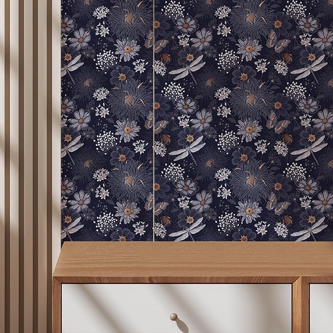 Navy Blue/Gold Floral Peel and Stick Wallpaper With Wildflowers, Butterflies and Dragonflies - Self Adhesive Vintage Contact Paper, Removable Decorative Vinyl, Easy Peel Off - 17.71" X 118.1"