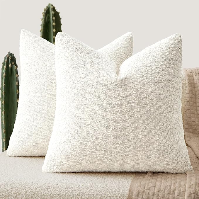 ANRODUO Pack of 2 Textured Boucle Throw Pillow Covers Soft White Euro Decorative Accent Solid Pillow Cases Cozy Modern Couch Cushion Case for Chair Sofa Bedroom Living Room Home Decor, 22 x 22 Inch