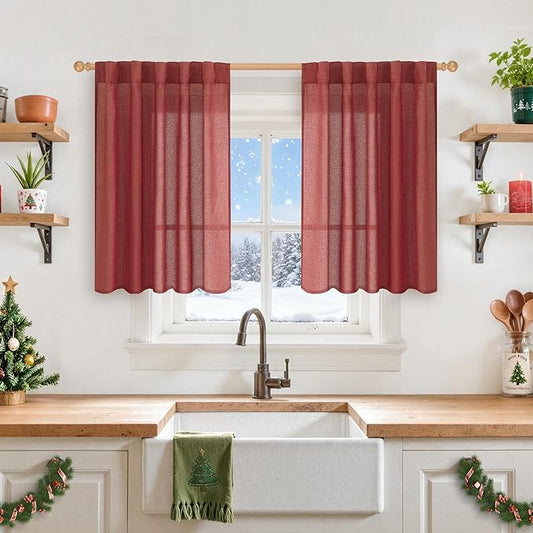 YoungsTex Red Linen Kitchen Curtains for Window Over Sink, Short Semi Sheer Drapes with Rod Pocket Back Tab Light Filtering Christmas Decor for Bathroom Cafe, 2 Panels, 42 X 36 Inch