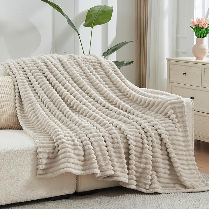 NEWCOSPLAY Super Soft Throw Blanket Linen Premium Silky Flannel Fleece 3D Ribbed Jacquard Lightweight Bed Blanket All Season Use (Linen Ribbed, Throw(50"x60"))