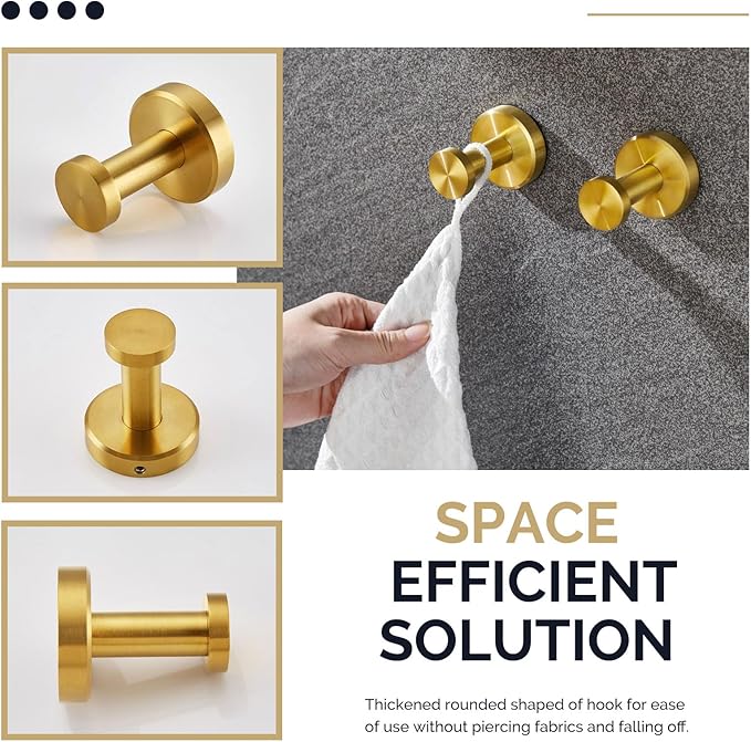 Angle Simple Towel Hooks, SUS 304 Stainless Steel Coat Robe Wall Hooks, Bathroom Hand Towel Hanger, Brushed Gold, 2 Pack
