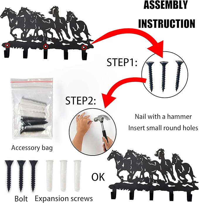 Metal Horse Coat Hooks Wall Art Decor-Horse Hangers and Key Holder-Clothes Rack and Backpack Hanger-Coat Hooks Home Decor for Storage, Living Room, Hallway, Office (Black)