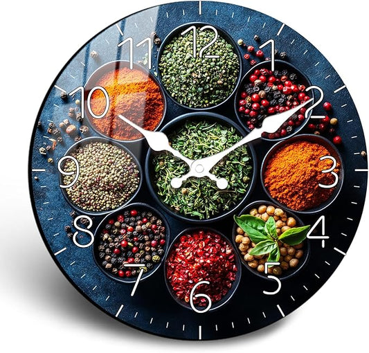 10 Inch Spice Kitchen Wall Clock - Decorative Herb & Spice Design Analog Wall Clocks, Rustic Farmhouse Silent Wall Clock Non Ticking Battery Operated for Bathroom Living Room Wall Décor