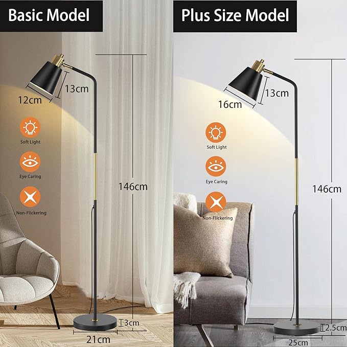 Industrial Floor Lamps for Living Rooms & Bedrooms - Rustic Farmhouse Reading Lamp - Standing, Adjustable Metal Heads Indoor Task Lighting for Living Room Bedroom Office Home Décor (Black-Large)