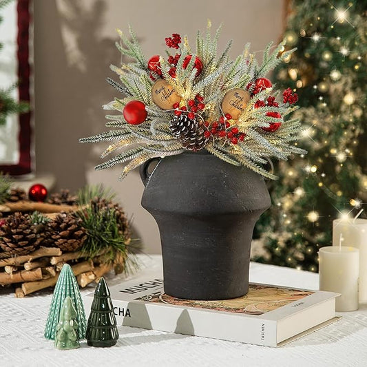 Terracotta Vases, 7 Inch Ceramic Rustic Vase, Vases with Handle for Flower, Vintage Pottery Vases Home Decor, Christmas Decorative Farmhouse Vase for Shelf Decor, Farmhouse, Table, Lyeec