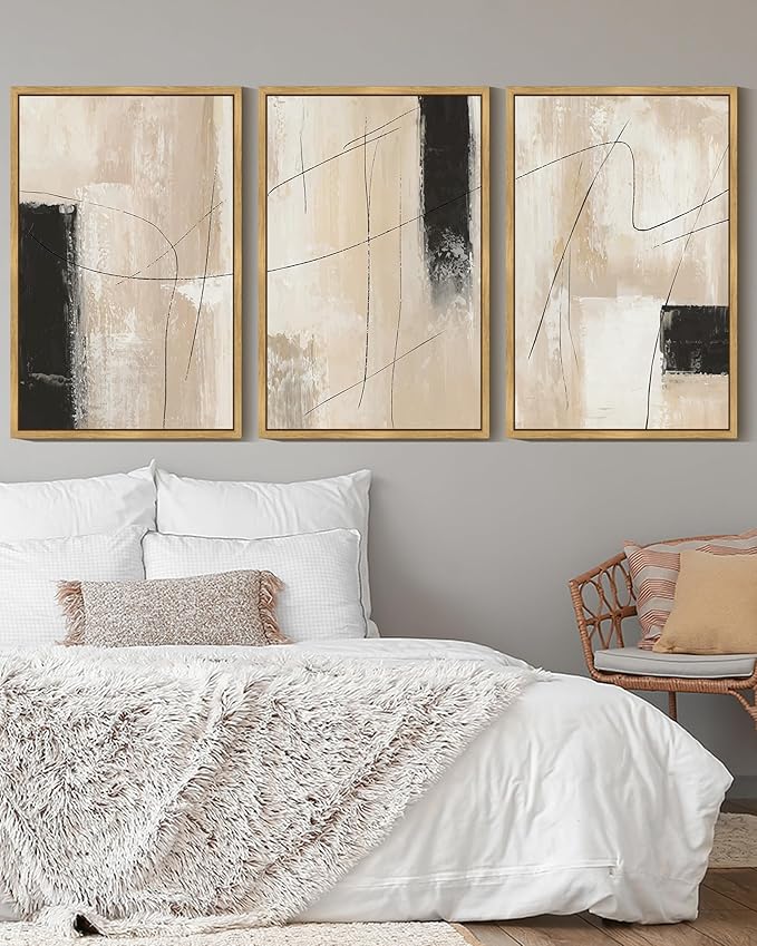 KUVIOKE Abstract Framed Wall Art Minimalist Beige Pastel Watercolor Neutral Wall Decor Modern Black Line Art Painting Home Decor 16x24in (Natural Framed)