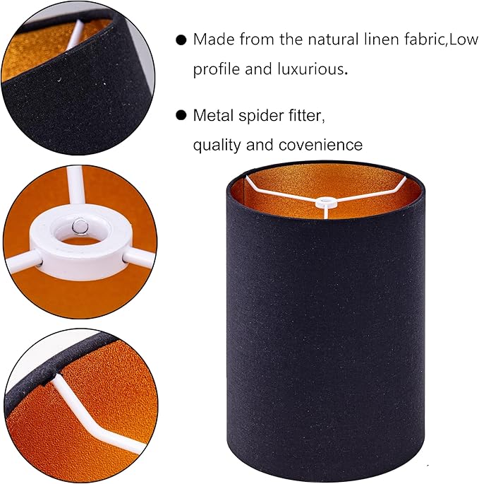 Wellmet BlackGold 8"x 8"x11" Lampshade, No Assembly Required, Classic Modern Lamp Shade for Table Lamp, Bedside Lamp, Floor Lamp, Fabric Drum Lampshade, Spider Fitter