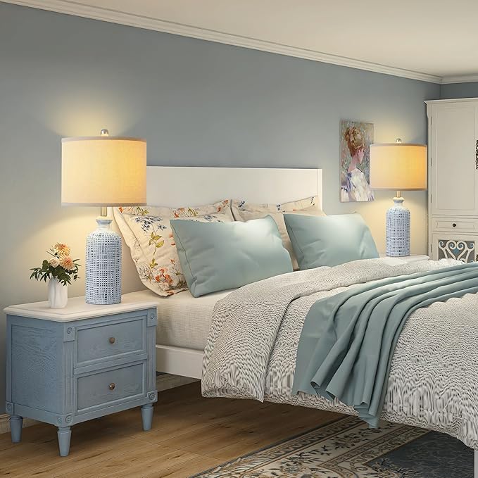 Living Room Lamps Set of 2, 25.8" Ceramic Table Lamps for Bedrooms with Linen Shade, Modern Farmhouse Lamps for Nightstand with Rotary Switch