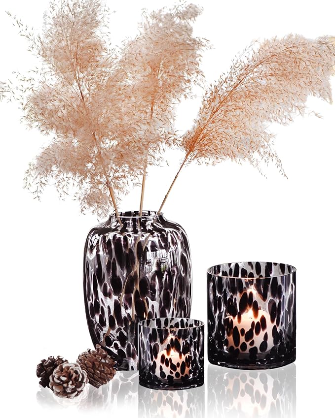CONVIVA Glass Vase and Candle Holder Set, 3-Piece, Flower Vase Tortoise Pattern,Modern Home Decor Table Centerpiece Thanksgiving Christmas Day Gift Idea.