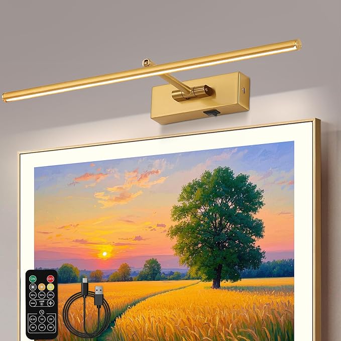 Battery Operated Picture Light with Wireless Remote 3CCT Dimmable Gold Wall Art Lights for Paintings 3 Color Rechargeable cordless decor Gallery Light 20’‘ Artwork Lighting for Canvas Timer Function