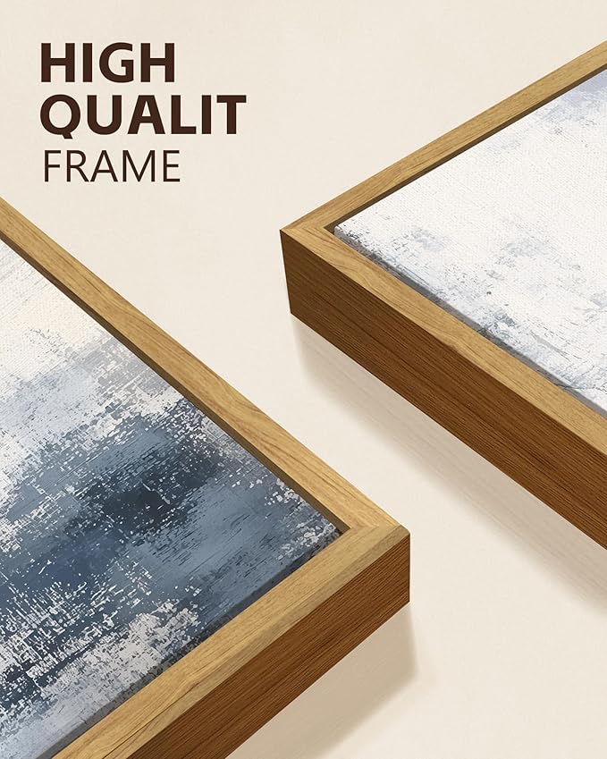 KUVIOKE Navy Blue and Gray Abstract Framed Canvas Wall Art Brush Strokes Block Shape Pastel Wall Decor Modern Minimalist Art Painting Home Decor 11x14in (Natural Framed)