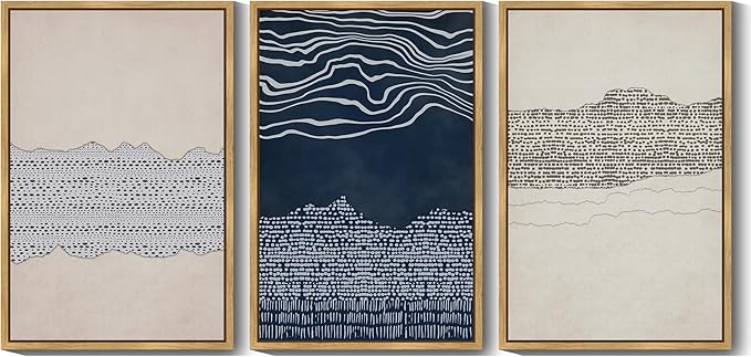 KUVIOKE Navy Blue Abstract Framed Wall Art Modern Neutral Minimalist Wooden Pastel Boho Wall Decor Farmhouse Rustic Art Painting Home Decor 24x36in (Natural Framed)