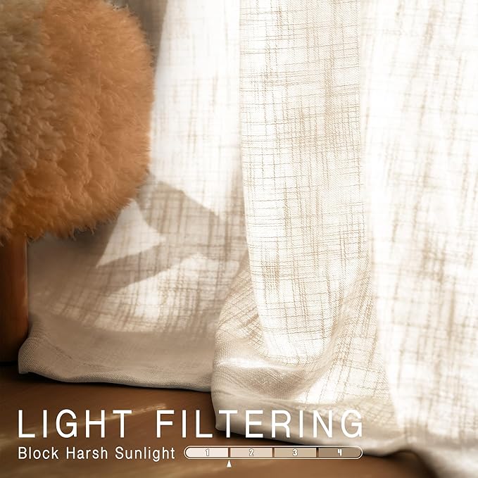 HESTIA White Linen Curtains for Living Room 96 Inch Length 2 Panels Rod Pocket Back Tab Drape Light Filtering Neutral Country Rustic Farmhouse Boho Bedroom Curtain (96" L x 42" W)