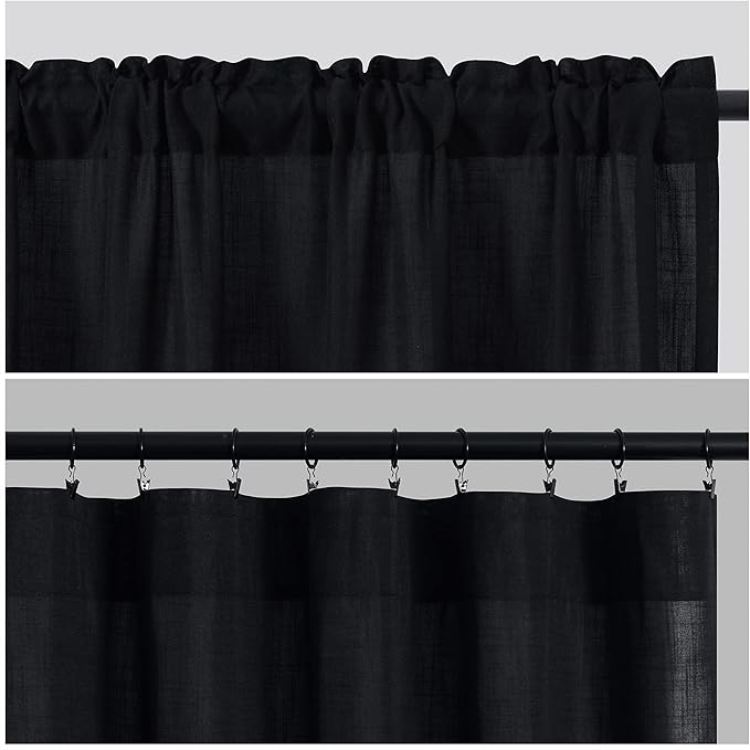 Guken Black Linen Curtains 102 Inch Length for Living Room Bedroom 2 Panels Set Rod Pocket Light Filtering Semi Sheer Window Curtains 52 Inch Width Boho Farmhouse Linen Drapes, W52xL102