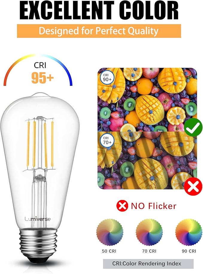 Lumiverse Edison Bulbs 60W Equivalent, Dimmable LED Light Bulbs, CRI 90+, Vintage E26 Lightbulbs, 2700K Warm White, ST19 ST58, 5.5W, Antique Clear Glass, 6 Pack